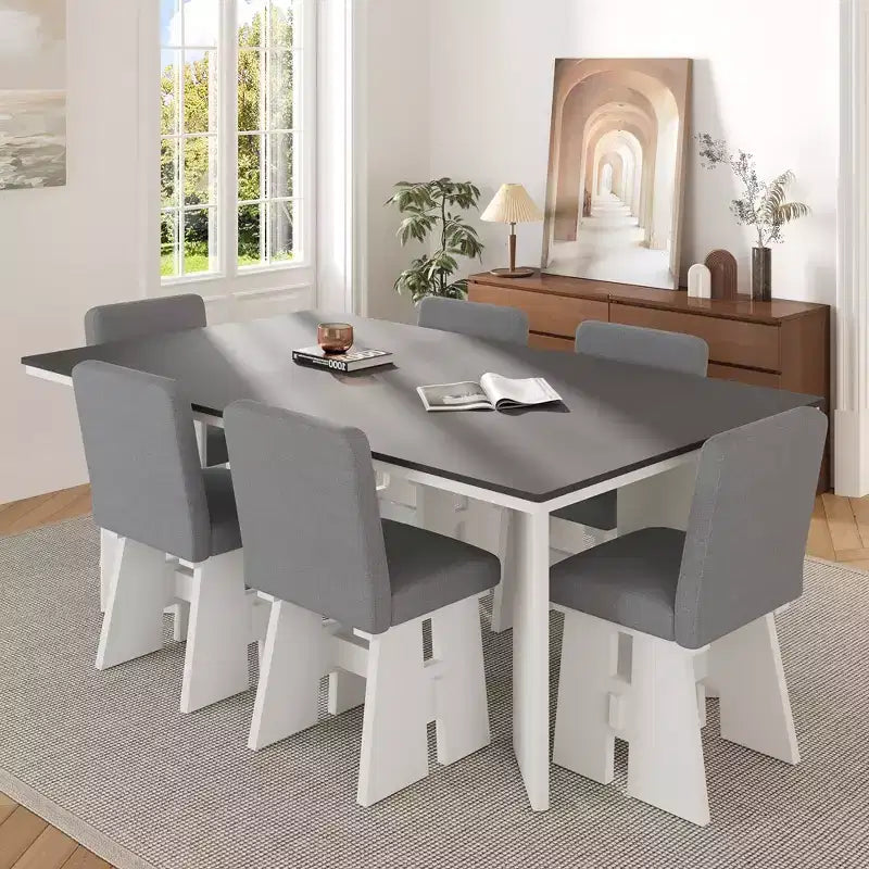 Tavolo da pranzo da 7 pezzi con 6 sedie da pranzo imbottite, retrò e rustico, naturale/grigio+bianco