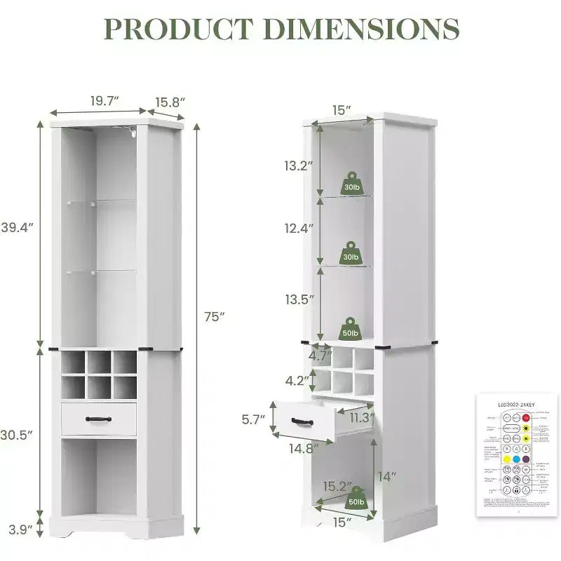 Armadio contenitore alto 190 cm con luce LED, mobile dispensa in stile rustico con ripiani regolabili in vetro temperato, scaffale portabottiglie