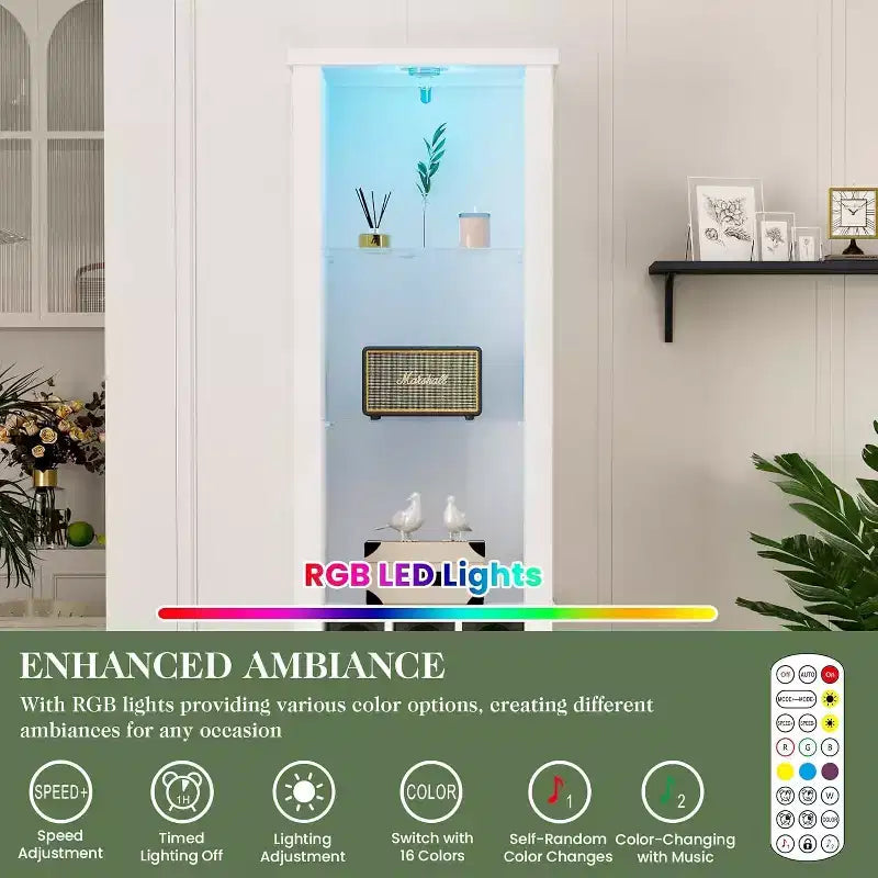 Armadio contenitore alto 190 cm con luce LED, mobile dispensa in stile rustico con ripiani regolabili in vetro temperato, scaffale portabottiglie