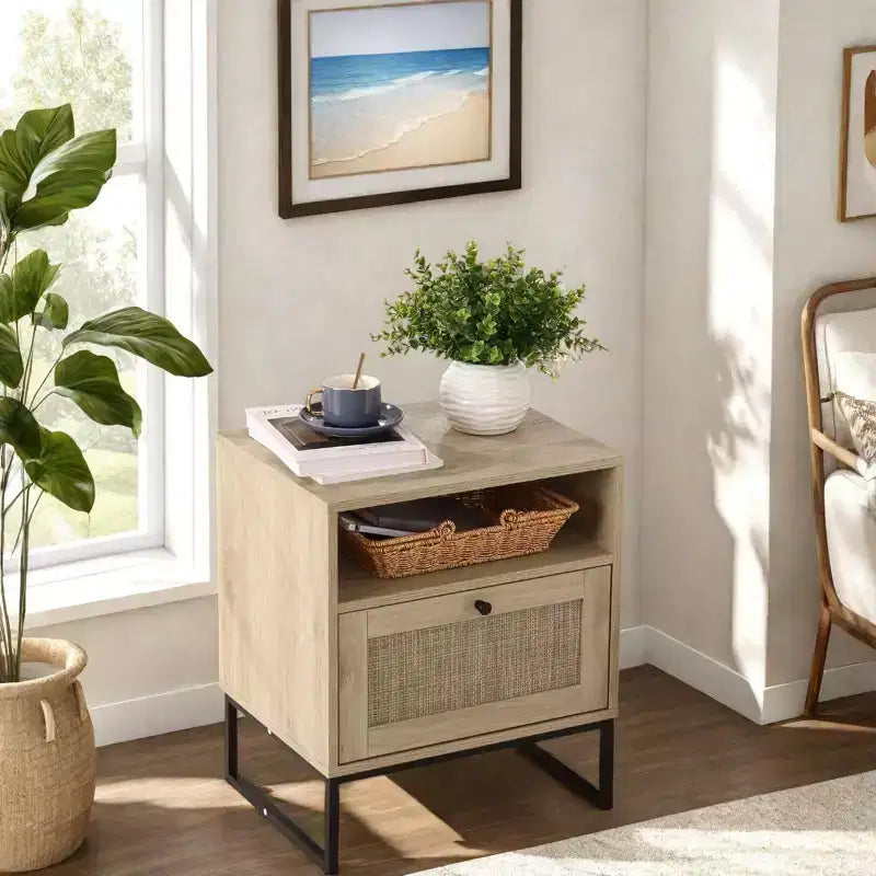 Comodino in Rattan, Tavolino Bohemien con Cassetto Contenitore e Gambe in Metallo, Tavolino da Notte Piccolo in Legno Stile Fattoria per Camera da Letto e Soggiorno