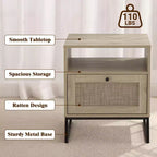 Comodino in Rattan, Tavolino Bohemien con Cassetto Contenitore e Gambe in Metallo, Tavolino da Notte Piccolo in Legno Stile Fattoria per Camera da Letto e Soggiorno