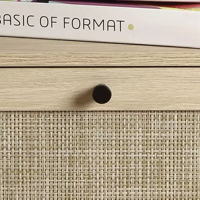 Comodino in Rattan, Tavolino Bohemien con Cassetto Contenitore e Gambe in Metallo, Tavolino da Notte Piccolo in Legno Stile Fattoria per Camera da Letto e Soggiorno