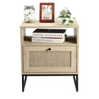 Comodino in Rattan, Tavolino Bohemien con Cassetto Contenitore e Gambe in Metallo, Tavolino da Notte Piccolo in Legno Stile Fattoria per Camera da Letto e Soggiorno