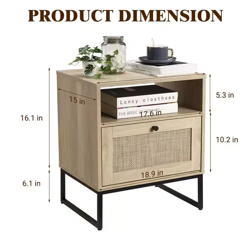 Comodino in Rattan, Tavolino Bohemien con Cassetto Contenitore e Gambe in Metallo, Tavolino da Notte Piccolo in Legno Stile Fattoria per Camera da Letto e Soggiorno