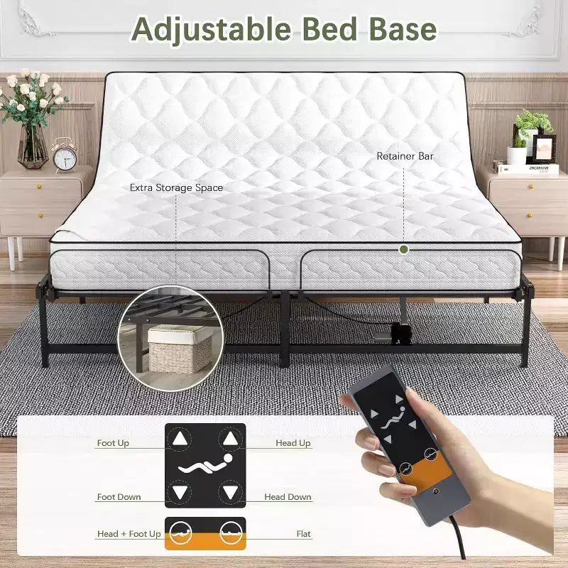 Base letto regolabile Sandinrayli, struttura letto elettrica con telecomando a filo, funzione ergonomica di inclinazione testa e piedi, King