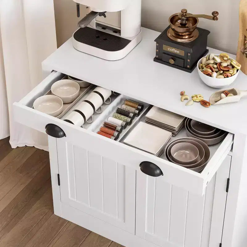 Madia/Credenza Bianca, Mobile Caffè in Legno con Cassetto, Ripiano Regolabile, Armadietti Contenitori Stile Rustico