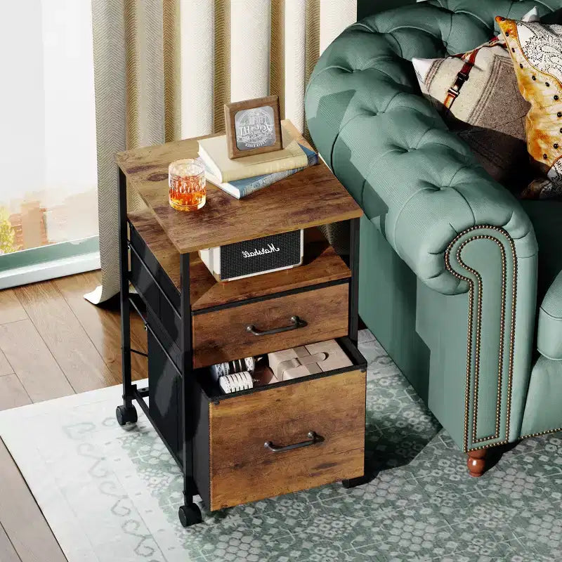 Cassettiera Archivio Mobile a 2 Cassetti con Ripiano Aperto, Carrello Porta Stampante per Ufficio Domestico, Adatta Formato A4, Venatura del Legno Marrone Rustico