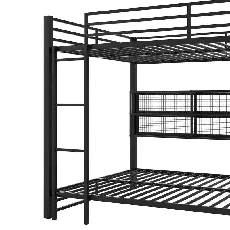 Letto a castello Queen con letto inferiore Queen in metallo con armadietti portaoggetti e LED, nero