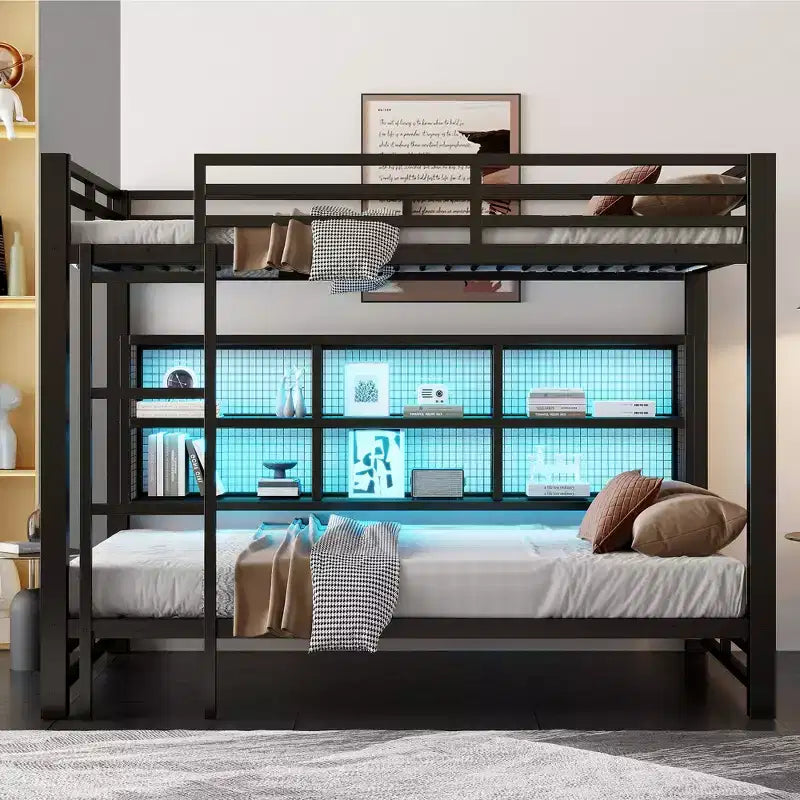 Letto a castello Queen con letto inferiore Queen in metallo con armadietti portaoggetti e LED, nero