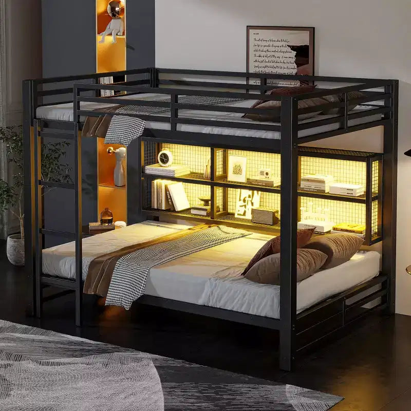 Letto a castello Queen con letto inferiore Queen in metallo con armadietti portaoggetti e LED, nero