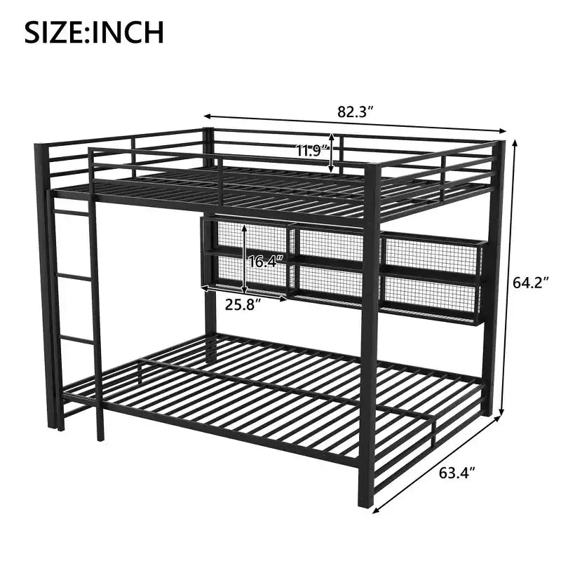 Letto a castello Queen con letto inferiore Queen in metallo con armadietti portaoggetti e LED, nero