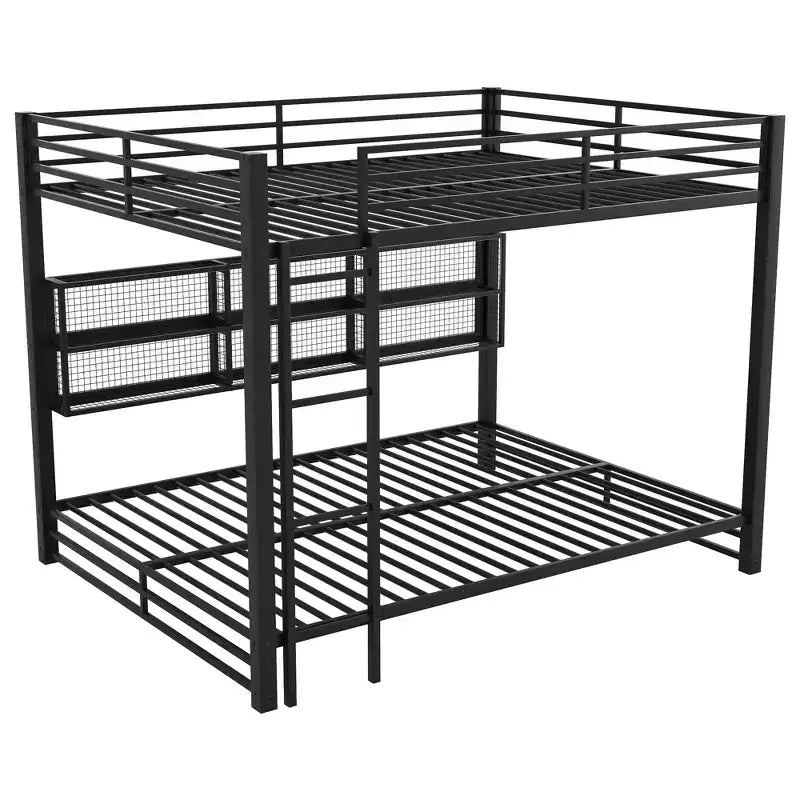 Letto a castello Queen con letto inferiore Queen in metallo con armadietti portaoggetti e LED, nero