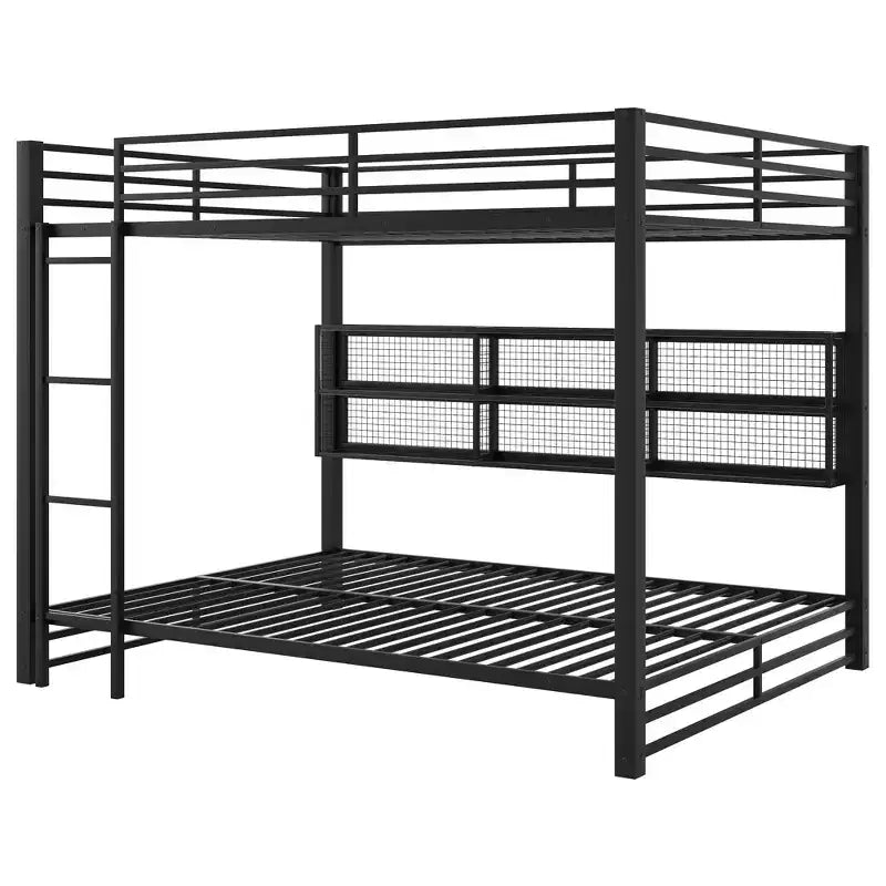 Letto a castello Queen con letto inferiore Queen in metallo con armadietti portaoggetti e LED, nero