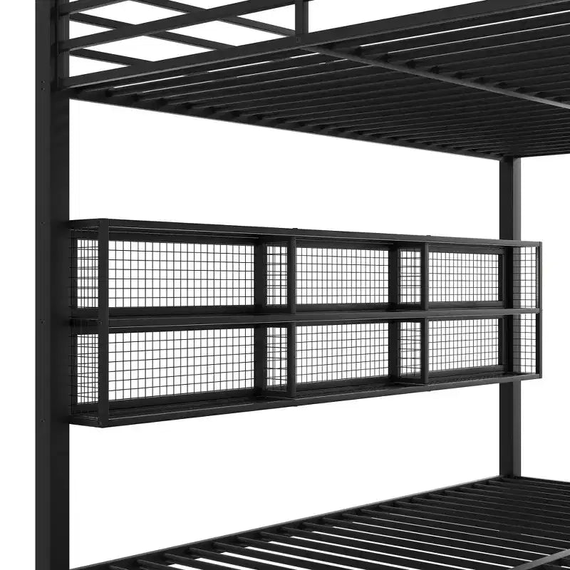 Letto a castello Queen con letto inferiore Queen in metallo con armadietti portaoggetti e LED, nero