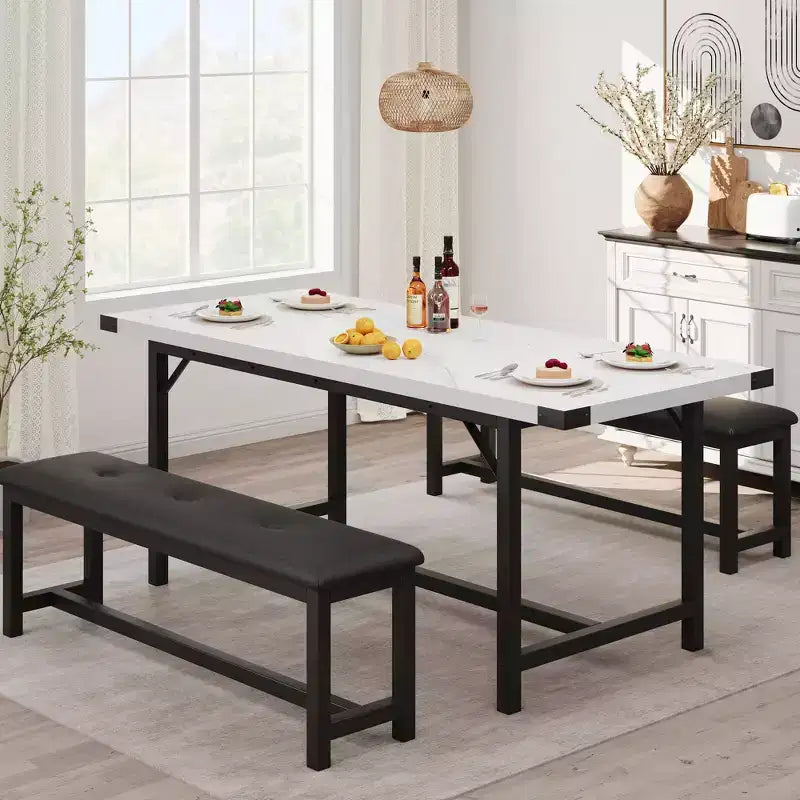 Tavolo da Pranzo da Cucina Allungabile a 3 Pezzi per 4-6 Persone con 2 Panche Imbottite - Bianco Marmo per Sala da Pranzo Appartamento