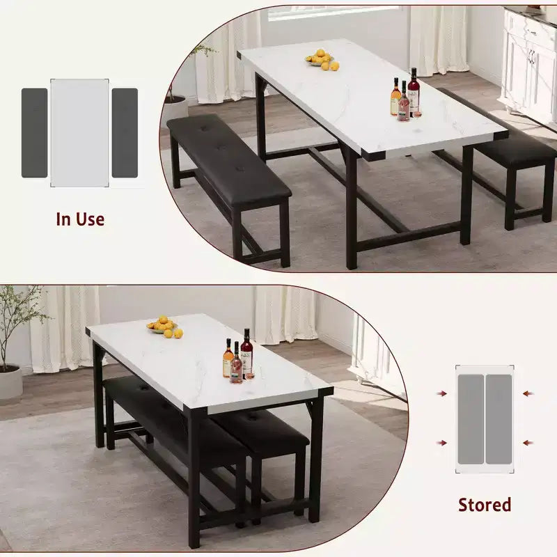 Tavolo da Pranzo da Cucina Allungabile a 3 Pezzi per 4-6 Persone con 2 Panche Imbottite - Bianco Marmo per Sala da Pranzo Appartamento