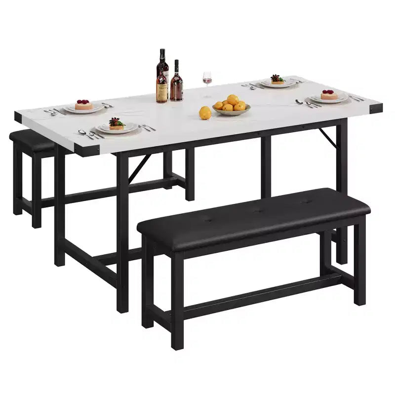 Tavolo da Pranzo da Cucina Allungabile a 3 Pezzi per 4-6 Persone con 2 Panche Imbottite - Bianco Marmo per Sala da Pranzo Appartamento