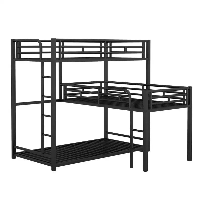 Letto a castello in metallo per 3 bambini, a forma di L, a tre piani, con letti gemelli, letto a castello per bambini, ragazzi e adulti, nero