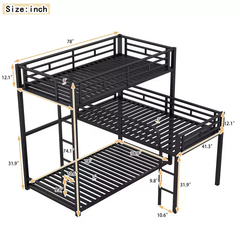 Letto a castello in metallo per 3 bambini, a forma di L, a tre piani, con letti gemelli, letto a castello per bambini, ragazzi e adulti, nero