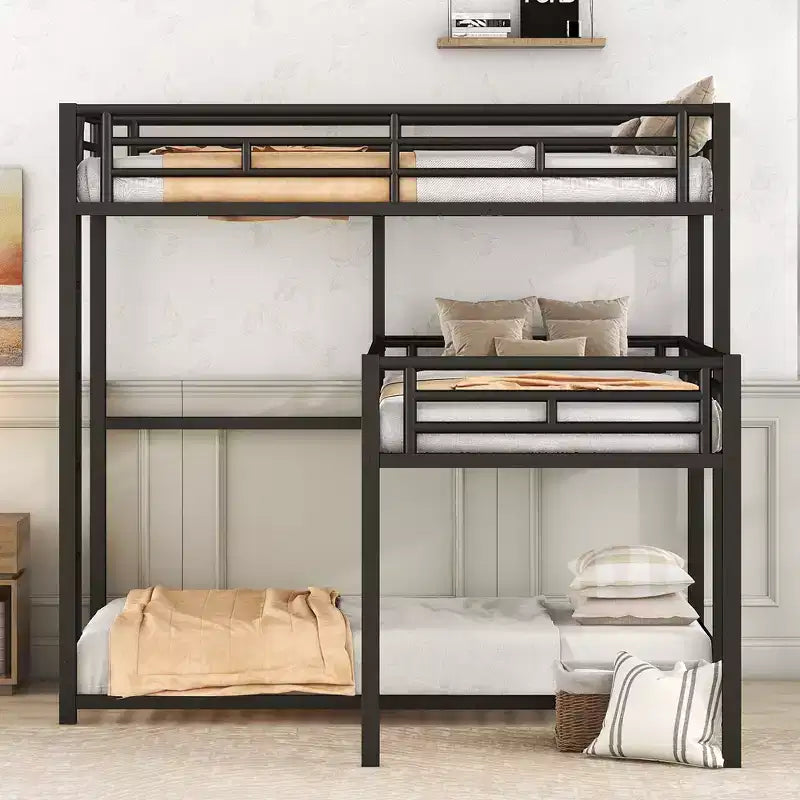 Letto a castello in metallo per 3 bambini, a forma di L, a tre piani, con letti gemelli, letto a castello per bambini, ragazzi e adulti, nero