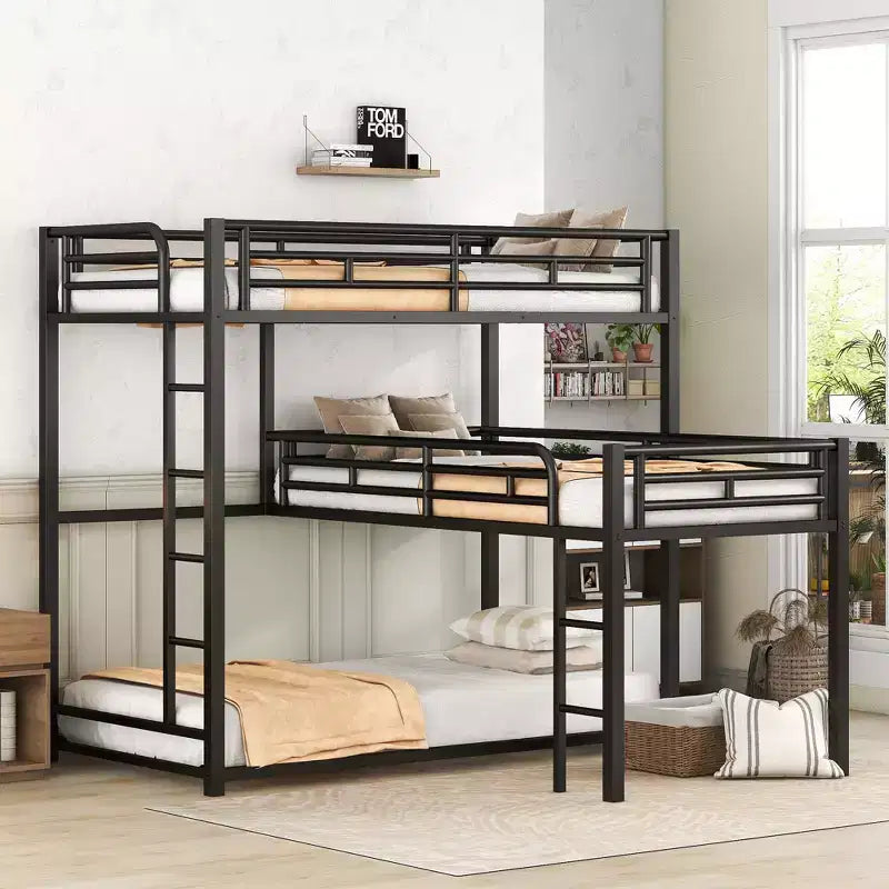 Letto a castello in metallo per 3 bambini, a forma di L, a tre piani, con letti gemelli, letto a castello per bambini, ragazzi e adulti, nero