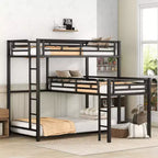 Letto a castello in metallo per 3 bambini, a forma di L, a tre piani, con letti gemelli, letto a castello per bambini, ragazzi e adulti, nero
