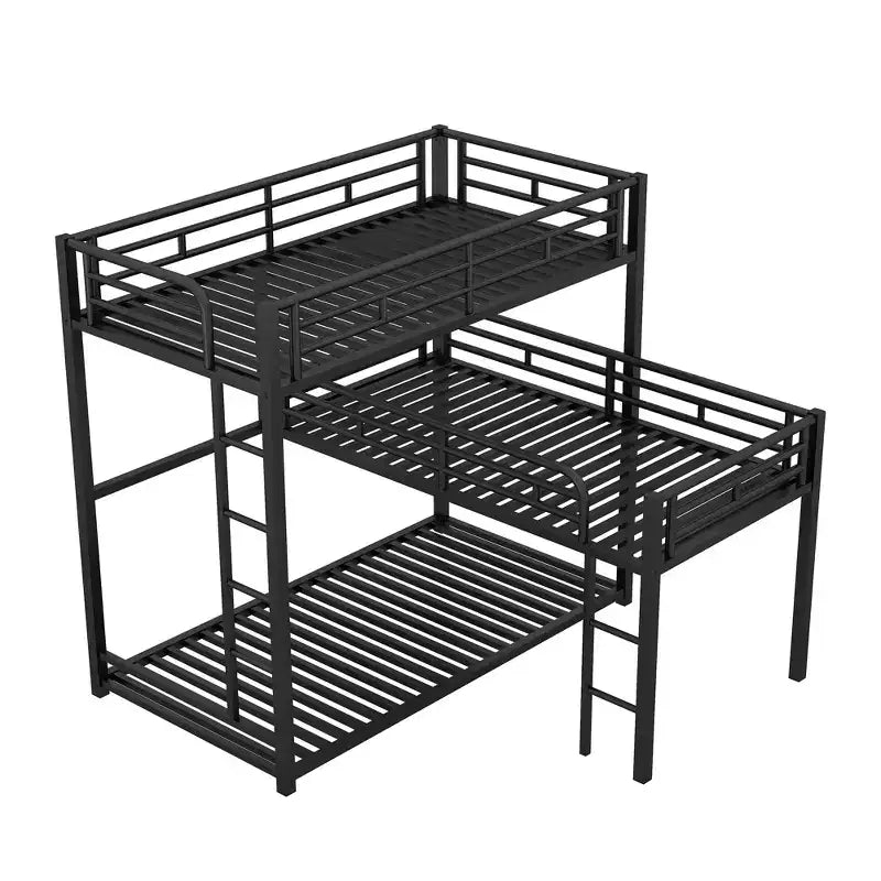 Letto a castello in metallo per 3 bambini, a forma di L, a tre piani, con letti gemelli, letto a castello per bambini, ragazzi e adulti, nero