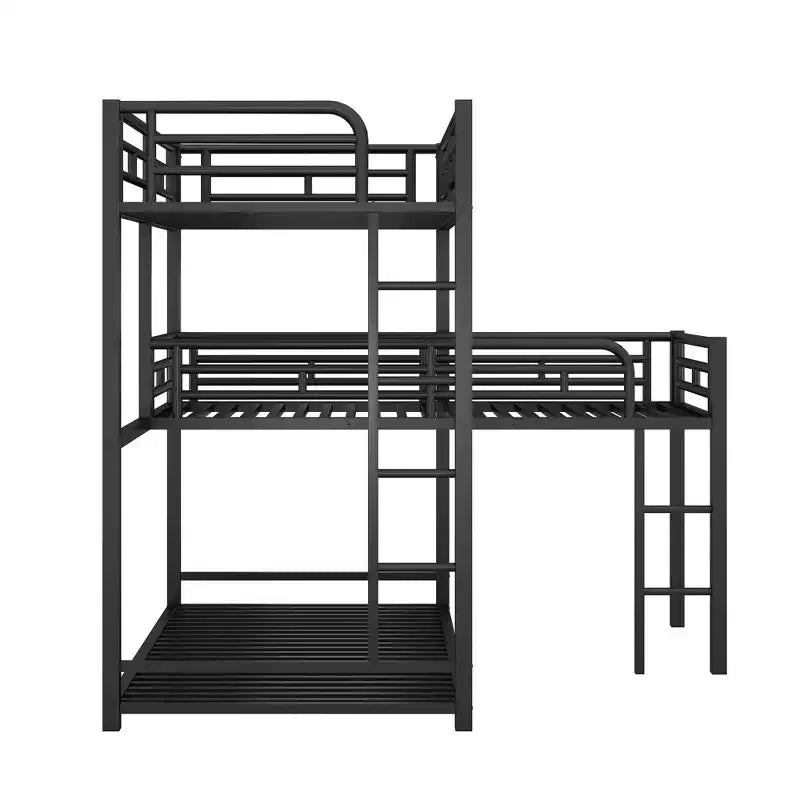 Letto a castello in metallo per 3 bambini, a forma di L, a tre piani, con letti gemelli, letto a castello per bambini, ragazzi e adulti, nero