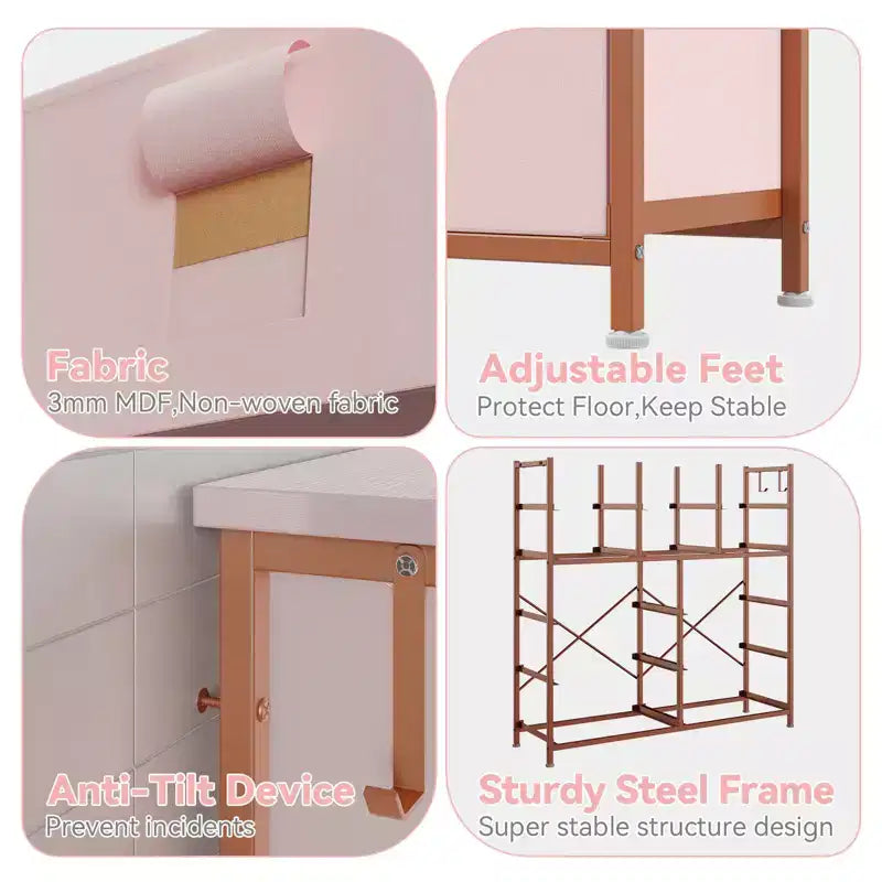 Comò a 12 cassetti con tasca laterale, telaio in acciaio, piano in legno per camera da letto, cameretta, armadio, ingresso