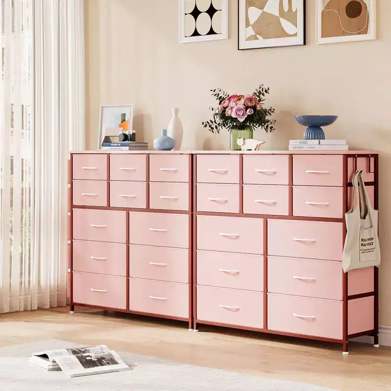 Comò a 12 cassetti con tasca laterale, telaio in acciaio, piano in legno per camera da letto, cameretta, armadio, ingresso