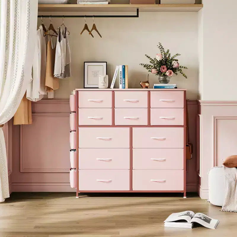 Comò a 12 cassetti con tasca laterale, telaio in acciaio, piano in legno per camera da letto, cameretta, armadio, ingresso