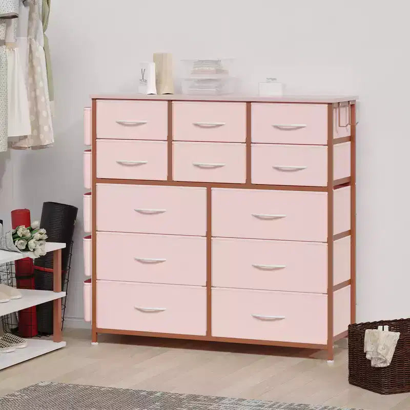 Comò a 12 cassetti con tasca laterale, telaio in acciaio, piano in legno per camera da letto, cameretta, armadio, ingresso