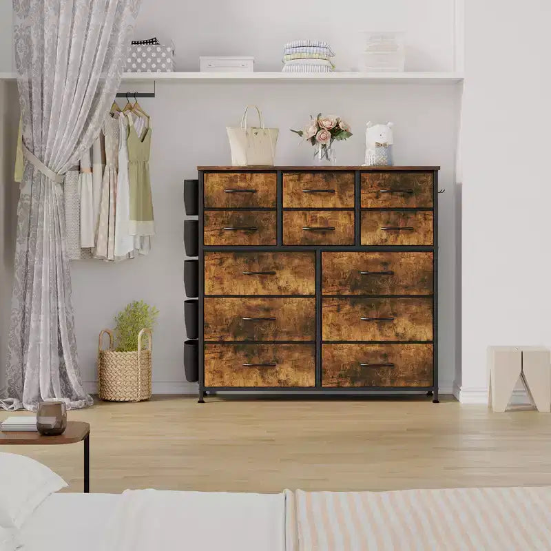 Comò a 12 cassetti con tasca laterale, telaio in acciaio, piano in legno per camera da letto, cameretta, armadio, ingresso