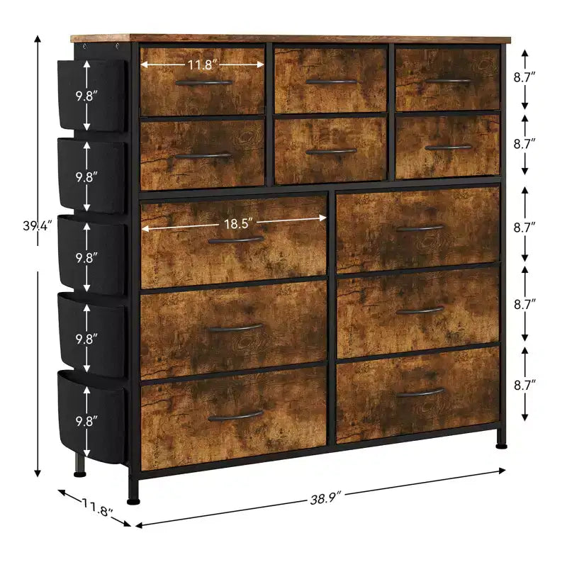 Comò a 12 cassetti con tasca laterale, telaio in acciaio, piano in legno per camera da letto, cameretta, armadio, ingresso
