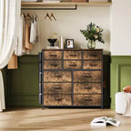 Comò a 12 cassetti con tasca laterale, telaio in acciaio, piano in legno per camera da letto, cameretta, armadio, ingresso
