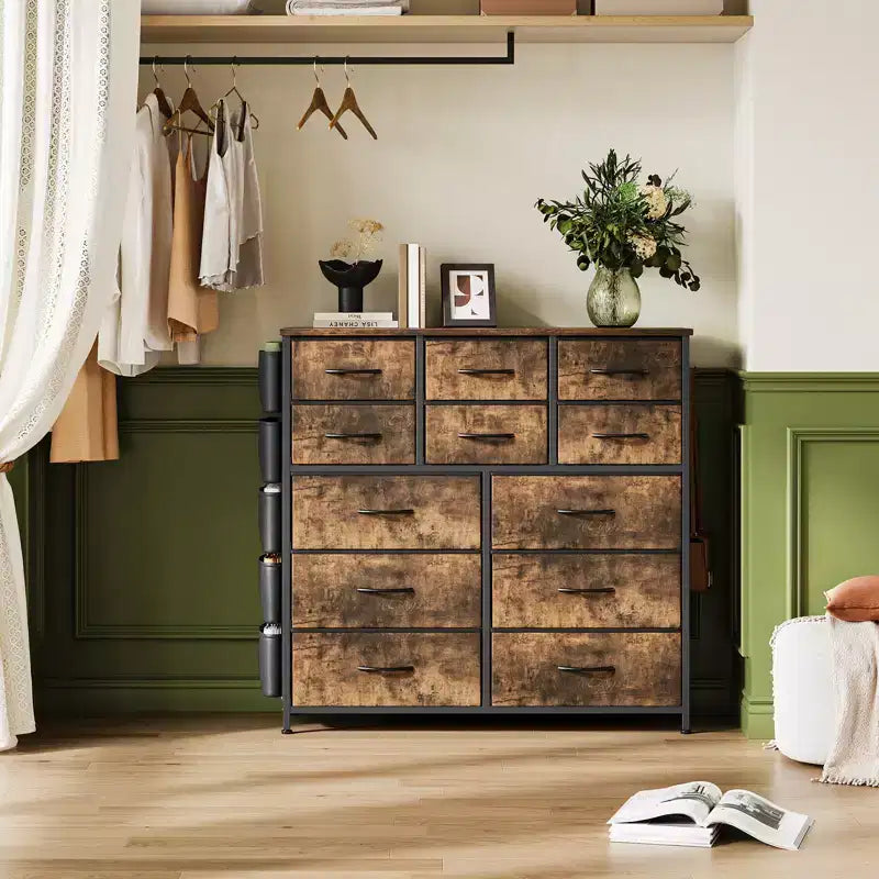 Comò a 12 cassetti con tasca laterale, telaio in acciaio, piano in legno per camera da letto, cameretta, armadio, ingresso