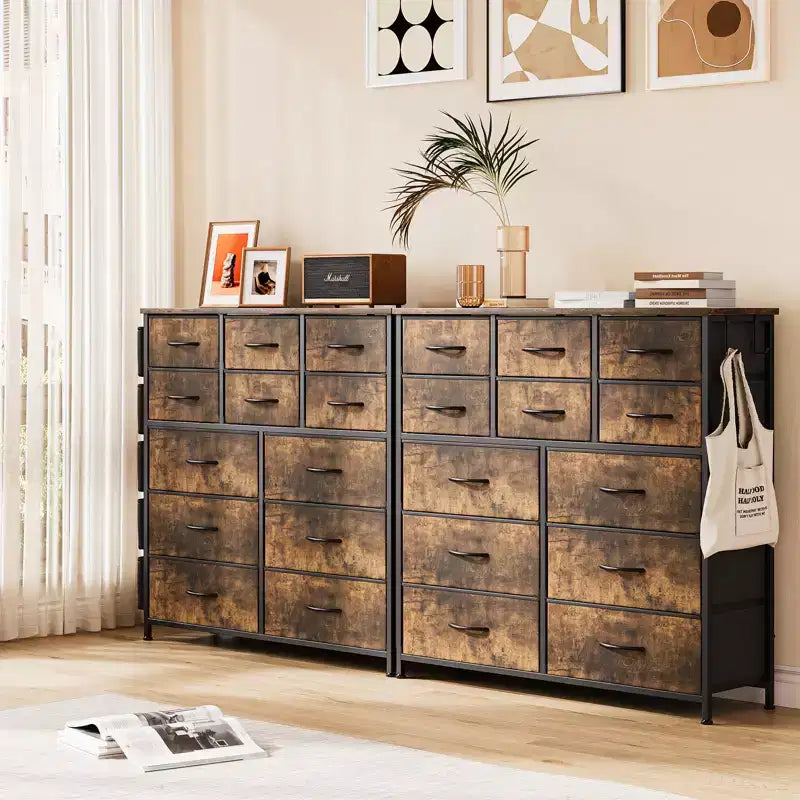 Comò a 12 cassetti con tasca laterale, telaio in acciaio, piano in legno per camera da letto, cameretta, armadio, ingresso
