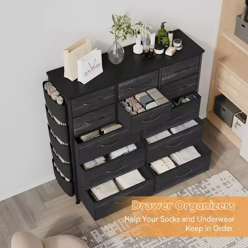 Comò a 12 cassetti con tasca laterale, telaio in acciaio, piano in legno per camera da letto, cameretta, armadio, ingresso