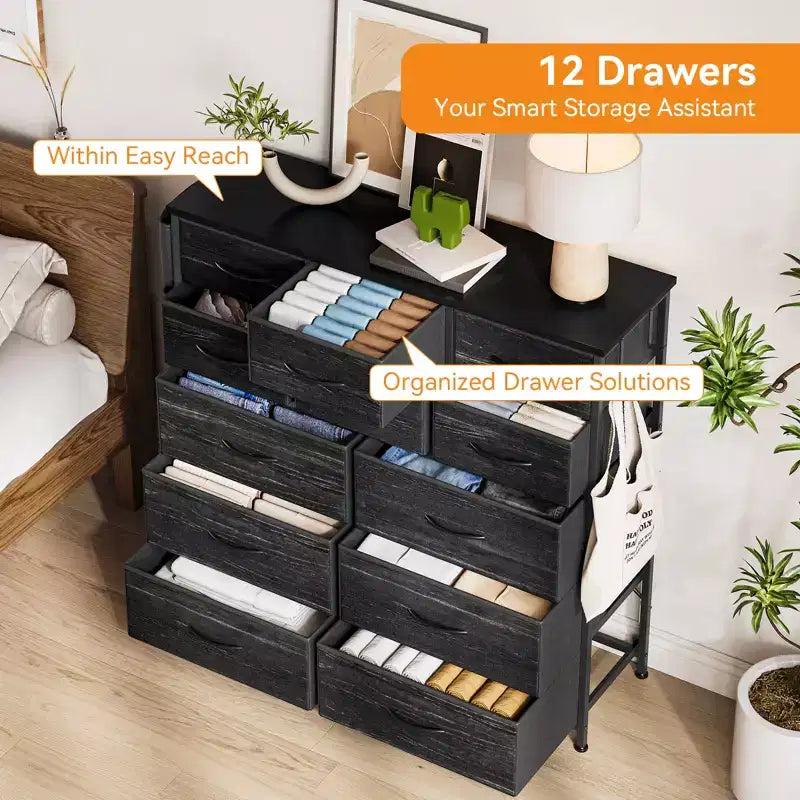 Comò a 12 cassetti con tasca laterale, telaio in acciaio, piano in legno per camera da letto, cameretta, armadio, ingresso