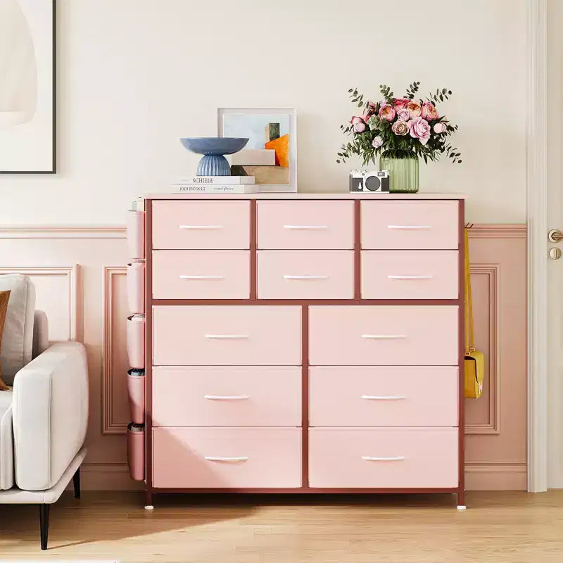 Comò a 12 cassetti con tasca laterale, telaio in acciaio, piano in legno per camera da letto, cameretta, armadio, ingresso
