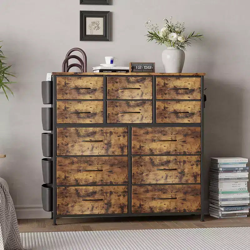 Comò a 12 cassetti con tasca laterale, telaio in acciaio, piano in legno per camera da letto, cameretta, armadio, ingresso