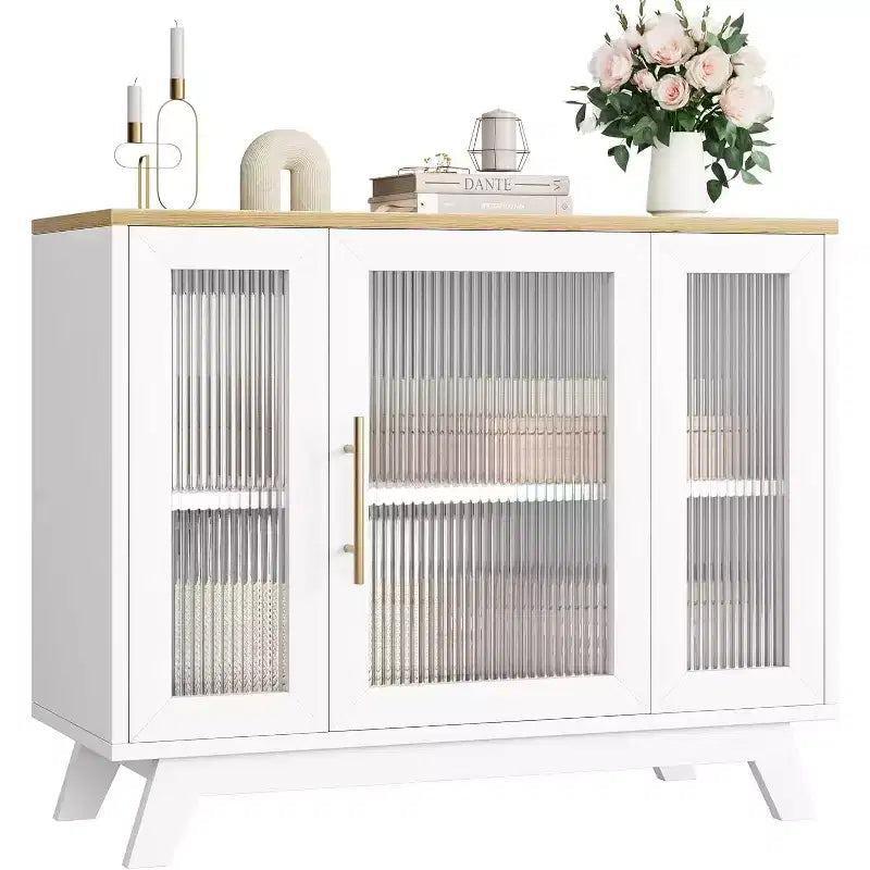Madia Buffet da 36" con Ante in Vetro Scanalato, Ripiano Regolabile, Mobile Contenitore Moderno per Caffè, per Cucina Sala da Pranzo