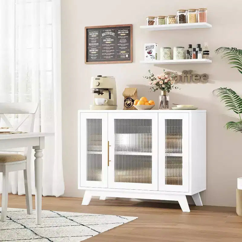 Madia Buffet da 36" con Ante in Vetro Scanalato, Ripiano Regolabile, Mobile Contenitore Moderno per Caffè, per Cucina Sala da Pranzo