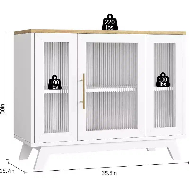 Madia Buffet da 36" con Ante in Vetro Scanalato, Ripiano Regolabile, Mobile Contenitore Moderno per Caffè, per Cucina Sala da Pranzo