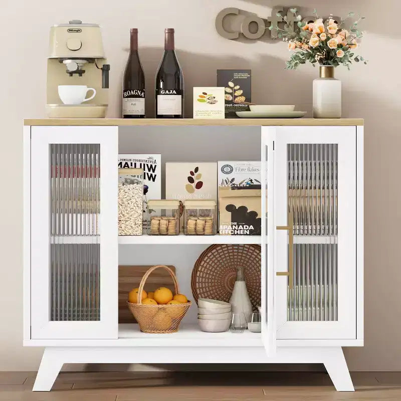 Madia Buffet da 36" con Ante in Vetro Scanalato, Ripiano Regolabile, Mobile Contenitore Moderno per Caffè, per Cucina Sala da Pranzo