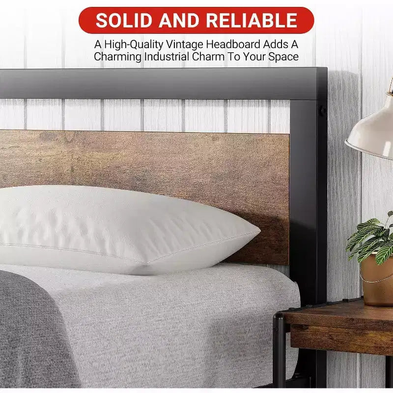 Struttura Letto Vintage Industriale con Testiera in Legno Rustico, 14 Spazi Contenitori Sotto il Letto, Nessuna Rete a Molle Necessaria, Facile da Montare