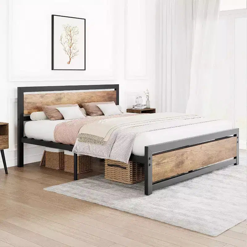 Struttura Letto Vintage Industriale con Testiera in Legno Rustico, 14 Spazi Contenitori Sotto il Letto, Nessuna Rete a Molle Necessaria, Facile da Montare