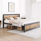 Struttura Letto Vintage Industriale con Testiera in Legno Rustico, 14 Spazi Contenitori Sotto il Letto, Nessuna Rete a Molle Necessaria, Facile da Montare