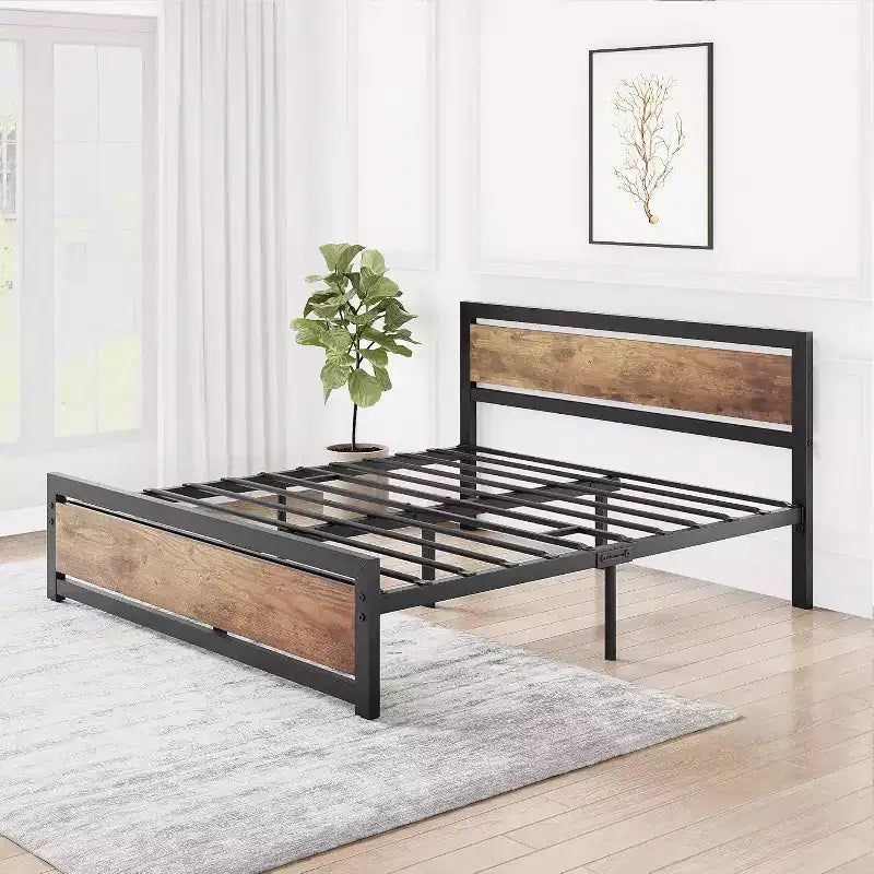 Struttura Letto Vintage Industriale con Testiera in Legno Rustico, 14 Spazi Contenitori Sotto il Letto, Nessuna Rete a Molle Necessaria, Facile da Montare