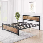 Struttura Letto Vintage Industriale con Testiera in Legno Rustico, 14 Spazi Contenitori Sotto il Letto, Nessuna Rete a Molle Necessaria, Facile da Montare